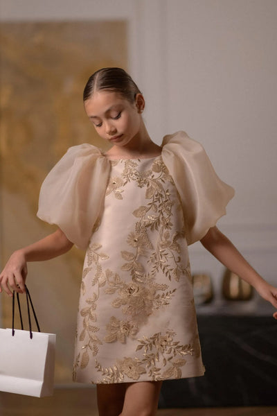 Sabrina Bloom Dress - Taupe Embroidered Girls Couture