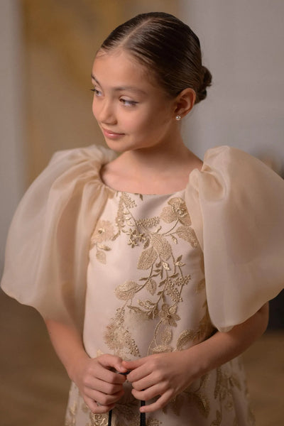 Sabrina Bloom Dress - Taupe Embroidered Girls Couture