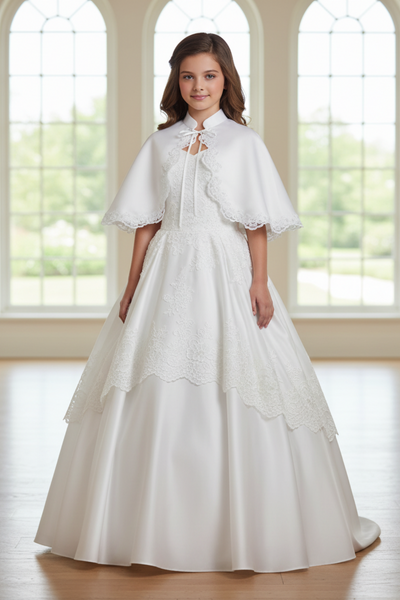 Girls Satin Cape with Lace Trim | Communion Cover-Up