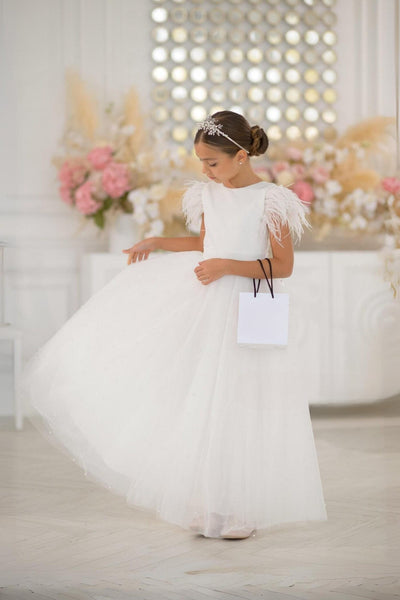Shop Elegant Rosalie Girls Satin Pearl Tulle Dress at Blush Kids