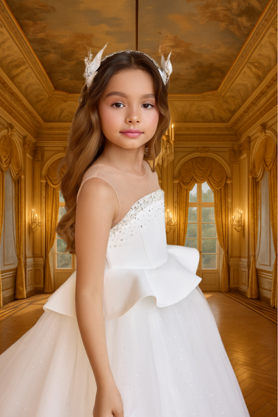 Embroidered Cape Communion Dress | Pentelei Couture Gown