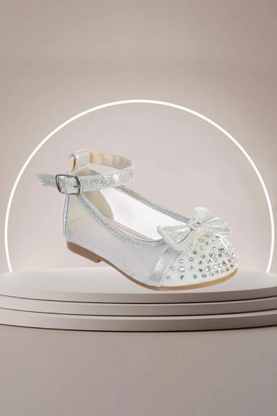 Girls Mesh Ankle Bow Flats - Silver or Rose Gold