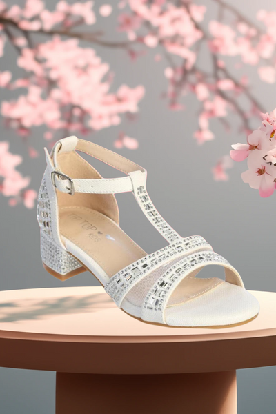 Girls Glitter Block Heel Dress Sandals – Rose Gold, Silver, or White