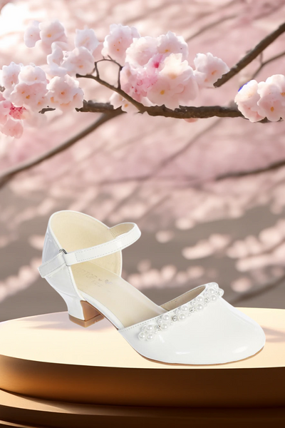 Girls White Pearl Dress Shoes – Low Heel for Special Occasions