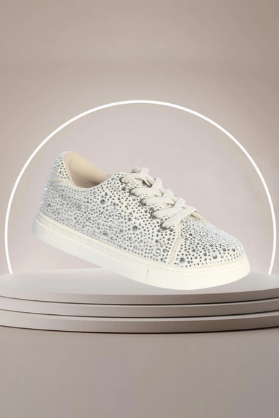 Girls Rhinestone Dress Sneakers – White Sparkle Comfort
