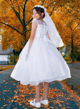 Julissa White Tea-Length Dress for Communion & Flower Girl