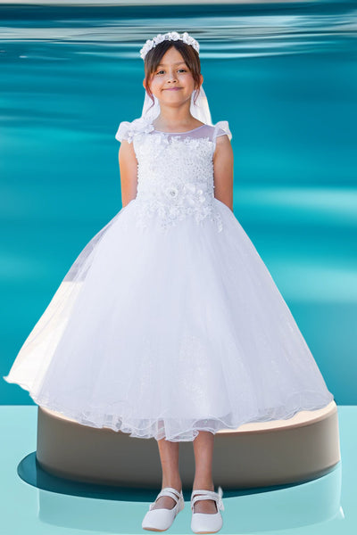 Julissa White Tea-Length Dress for Communion & Flower Girl