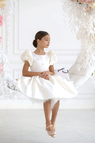 Arabella Luxe Bow Dress - Ivory Puff Sleeve Special Occasion