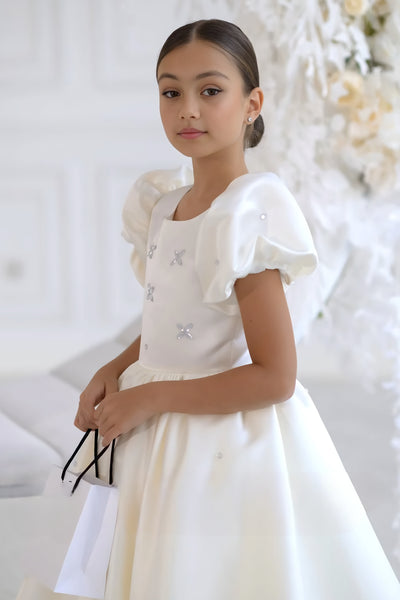Arabella Luxe Bow Dress - Ivory Puff Sleeve Special Occasion