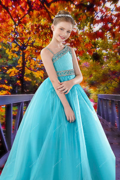 Turquoise One-Shoulder Girls Pageant Dress – Brydealo Couture