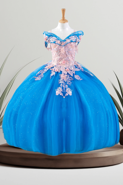 Girls 3D Floral Glitter Tulle Pageant Ballgown