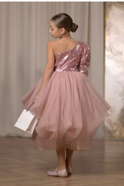 Rosalia Girls Dress - Sequined Asymmetric Gown with Tulle Skirt