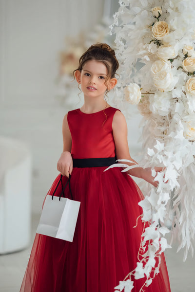 Carmella Rouge Gown - Red Satin & Tulle Girls Special Occasion Dress with Bow