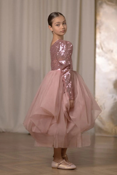 Rosalia Girls Dress - Sequined Asymmetric Gown with Tulle Skirt