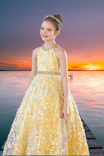 Yellow Sequin Floral Pageant Dress - Brydealo Couture