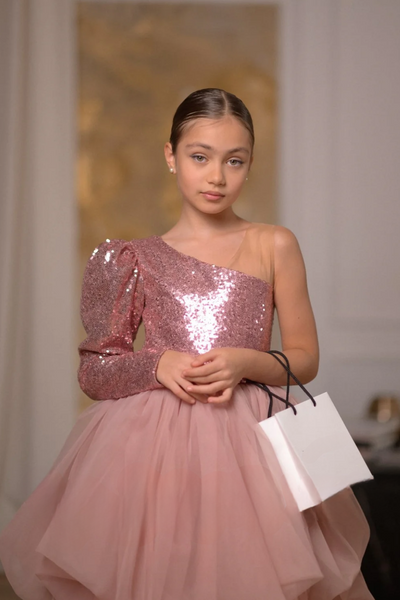 Rosalia Girls Dress - Sequined Asymmetric Gown with Tulle Skirt