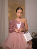 Rosalia Girls Dress - Sequined Asymmetric Gown with Tulle Skirt