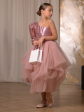 Rosalia Girls Dress - Sequined Asymmetric Gown with Tulle Skirt