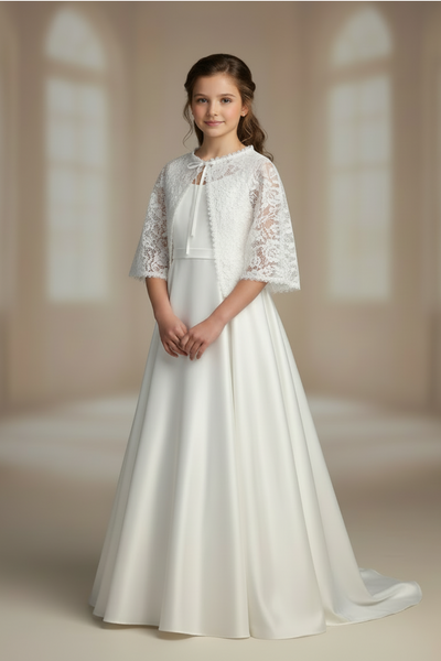 Girls Rosalie Lace Ribbon Cape in White