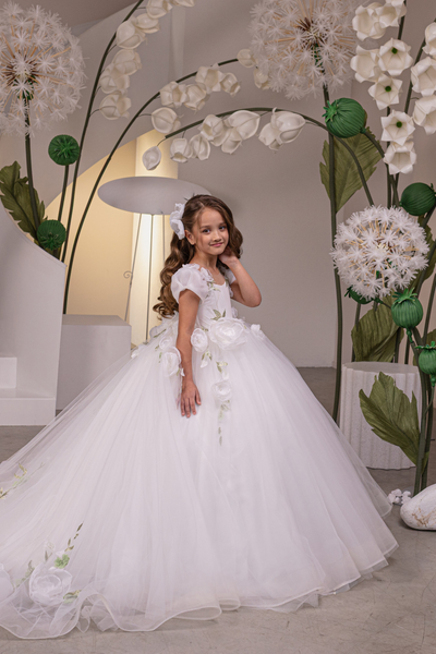 Ivory & Green Floral Fashion Couture Girls Ball Gown