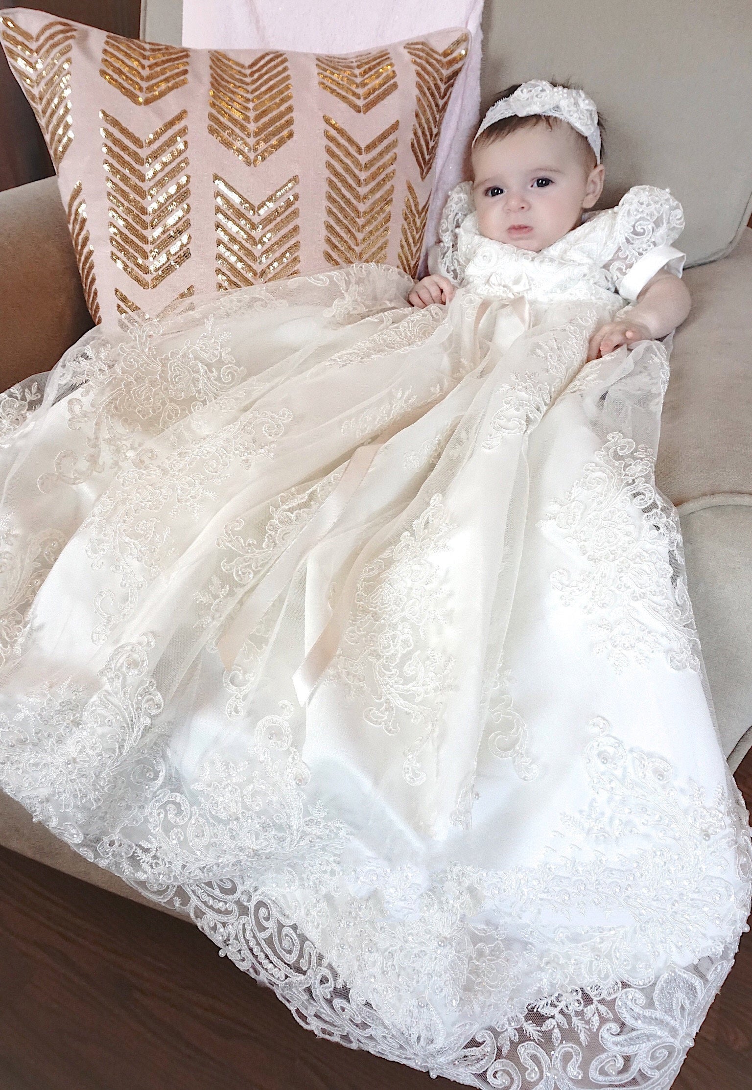 Couture Baby Baptismal Gown In Luxurious Alencon Lace
