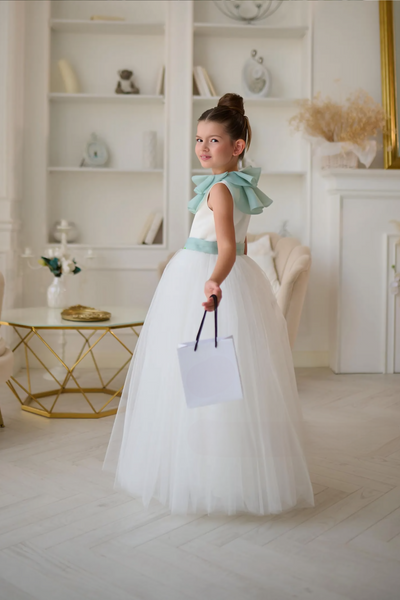 Aurelia Mint Bow Couture Dress | Girls Tulle Gown