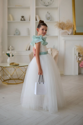 Aurelia Mint Bow Couture Dress | Girls Tulle Gown