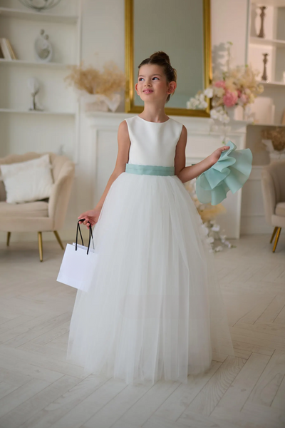 Aurelia Mint Bow Couture Dress | Girls Tulle Gown