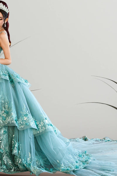 Elowen Sage Green Quinceañera Gown – Floral Ballgown with Train