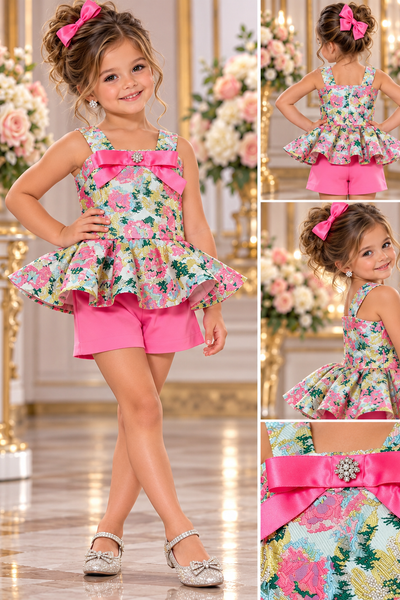 Girls Floral Brocade Pageant Short Set | Signature Designer