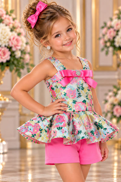 Girls Floral Brocade Pageant Short Set | Signature Designer