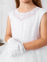 Girls White Communion Gloves Pearl Cross Matte Satin