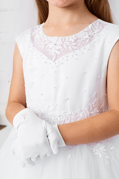 Girls White Communion Gloves Pearl Cross Matte Satin
