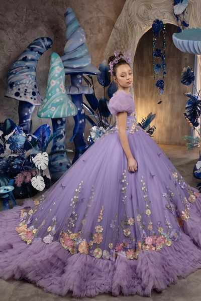 Lilac Floral Couture Gown – Girls Pageant & Flower Girl