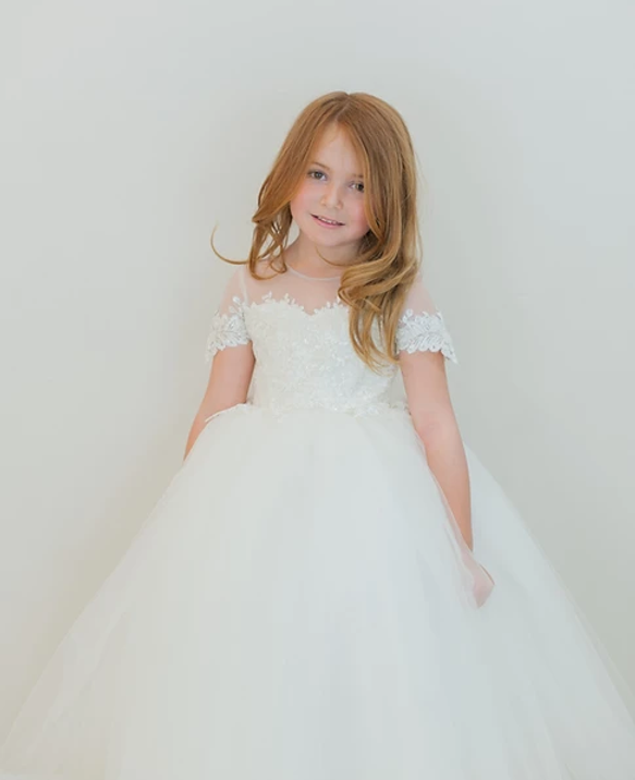Amalee Couture Floor Length Flower Girl Communion Tulle Dress With Train