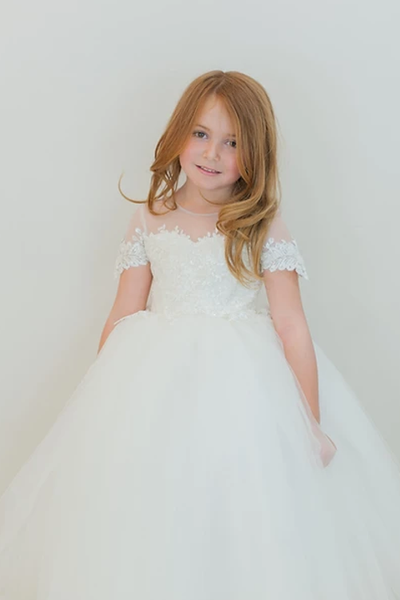 Amalee Couture Floor Length Flower Girl Communion Tulle Dress With Train