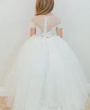 Amalee Couture Floor Length Flower Girl Communion Tulle Dress With Train