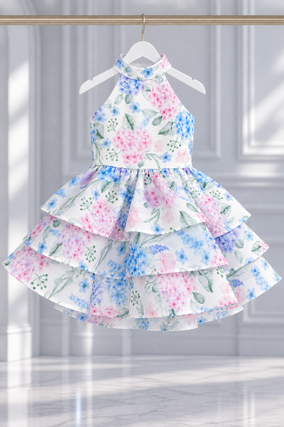 Girls Floral Organza Pageant Dress with Tiered Skirt