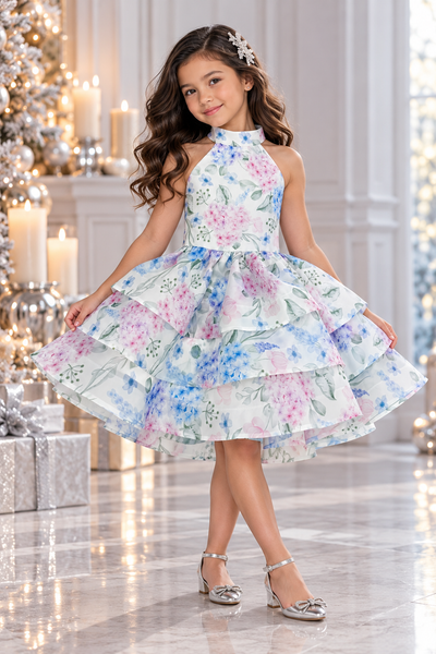 Girls Floral Organza Pageant Dress with Tiered Skirt