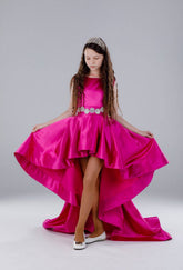 Custom Couture Girls Hot Pink Hi Low Pageant Gown With Crystal Belt