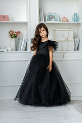 Black Satin Girls Special Occasion Dress With Long Tulle Skirt