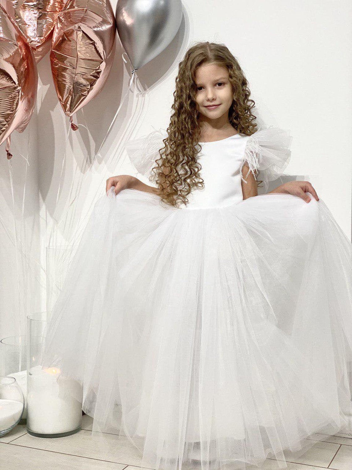 Girls 1st Communion Flower Girl Dress With Multi Layered Tulle Skirt