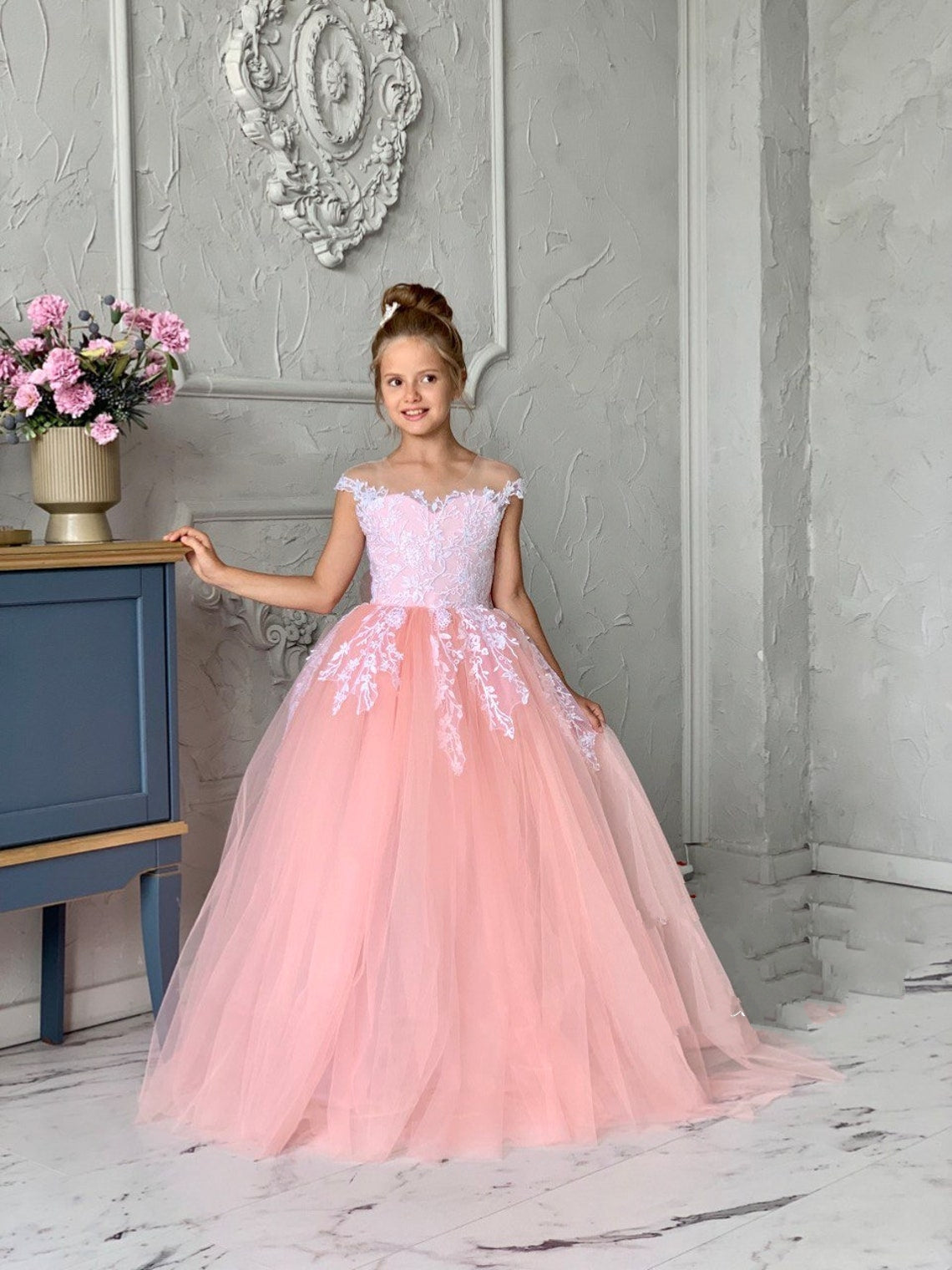 Luxury Studio Wedding Flower Girl Tulle Satin Pageant Communion Dress