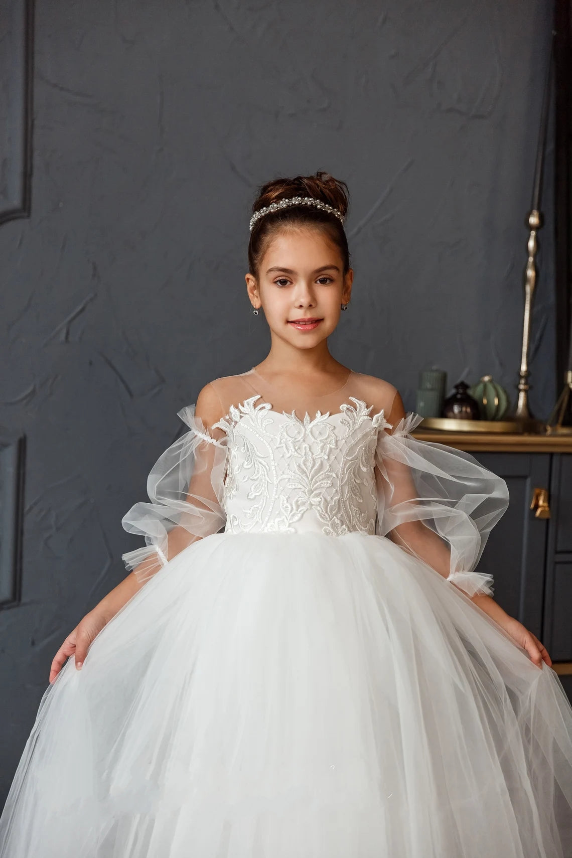 Flower Girl Lace Tulle Special Occasion Communion Dress Detachable Train