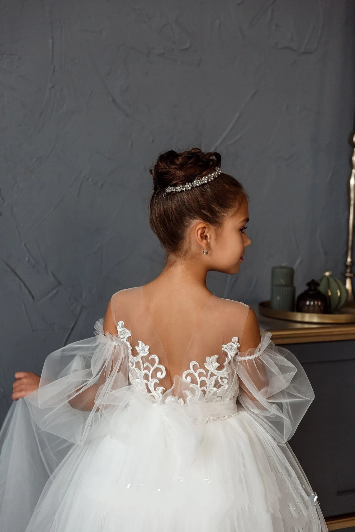 Flower Girl Lace Tulle Special Occasion Communion Dress Detachable Train