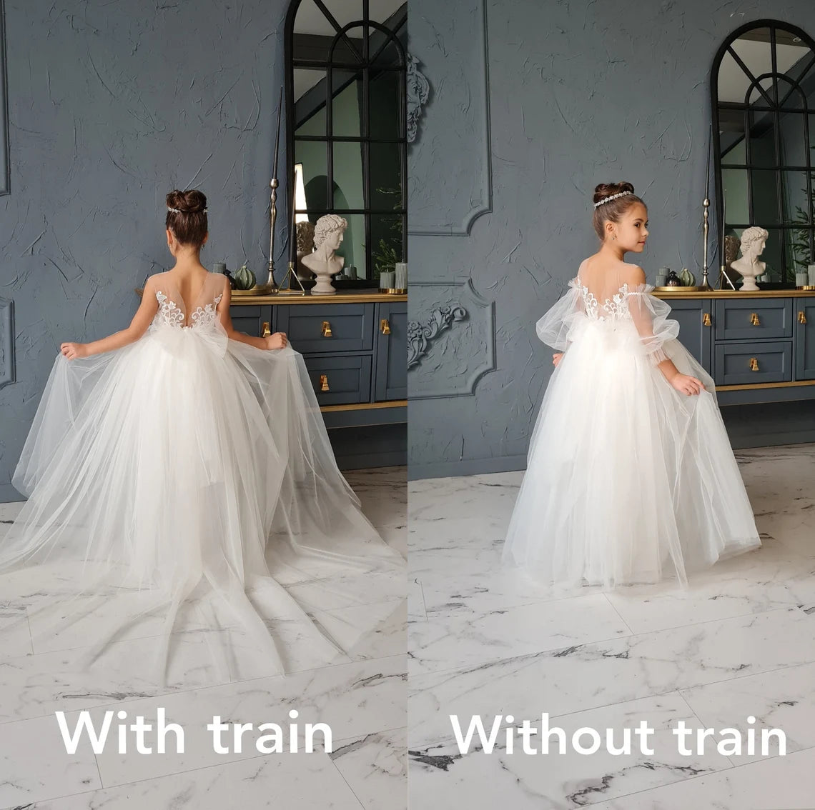 Flower Girl Lace Tulle Special Occasion Communion Dress Detachable Train