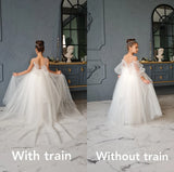 Flower Girl Lace Tulle Special Occasion Communion Dress Detachable Train