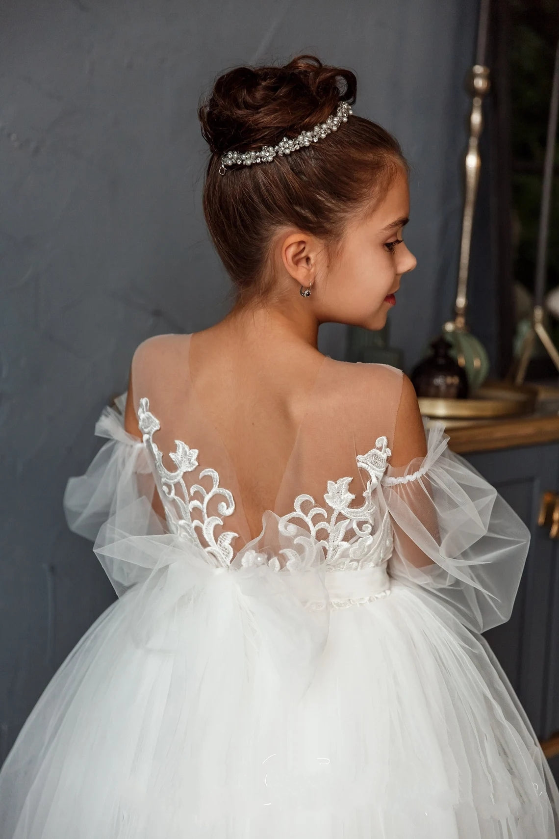 Flower Girl Lace Tulle Special Occasion Communion Dress Detachable Train
