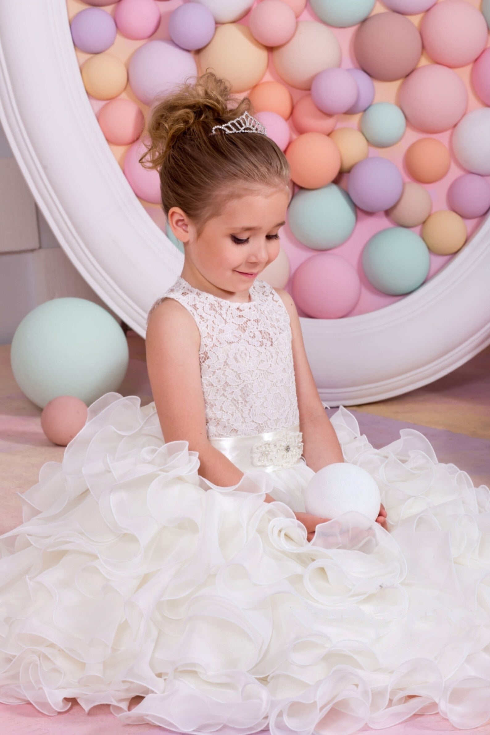 Girls Couture Wedding Flower Girl Communion Lace Ruffled Gown