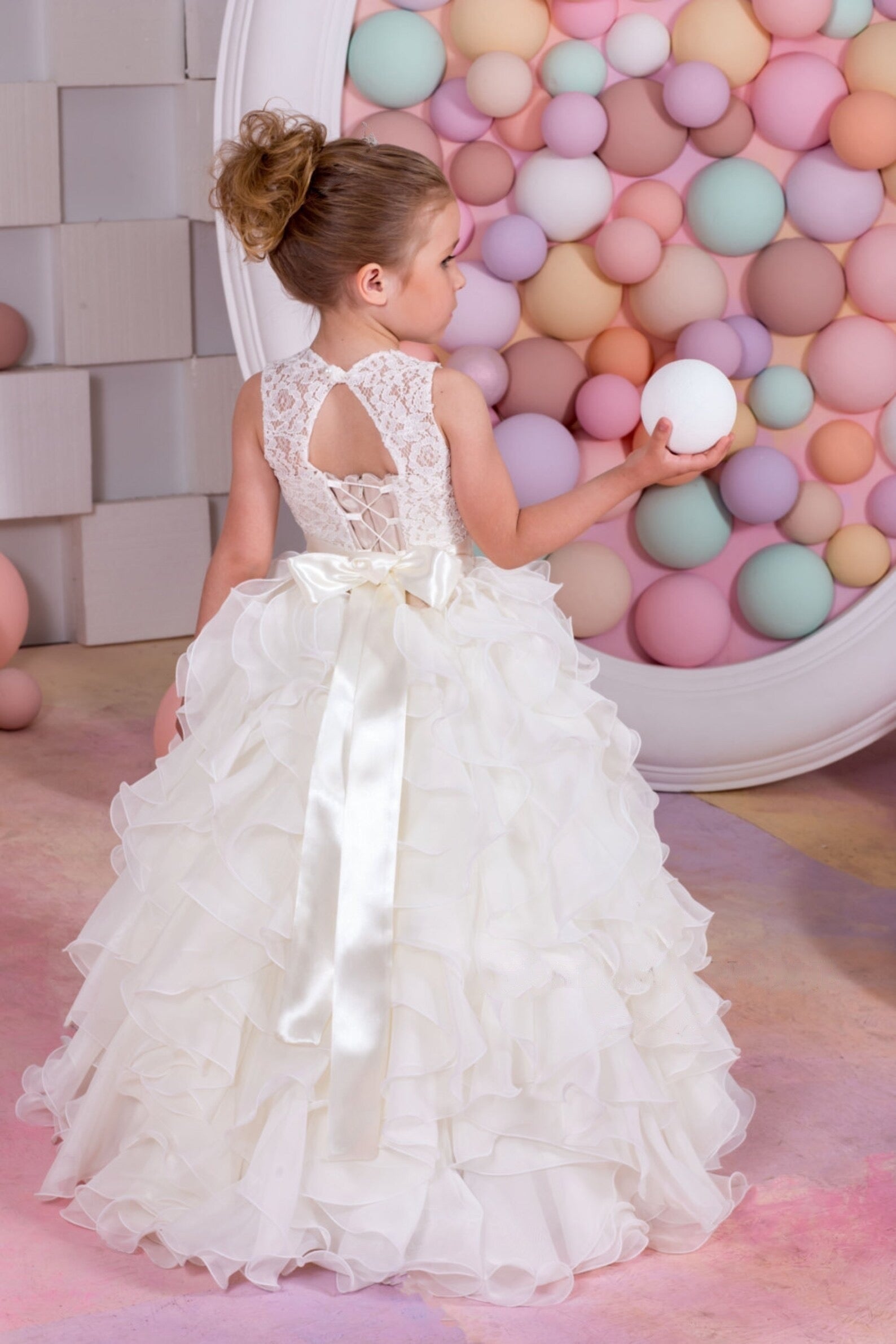 Girls Couture Wedding Flower Girl Communion Lace Ruffled Gown